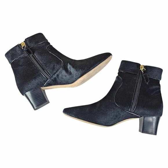 Oscar de la Renta Black Pony Hair Leather Ankle Boots Gold Accents Size 38